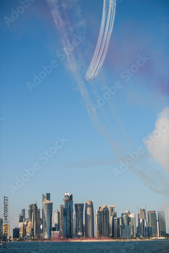 Doha,Qatar,December,18,2017. The Qatar Air Force Parade on the Doha Corniche waterfront promenade for national day.