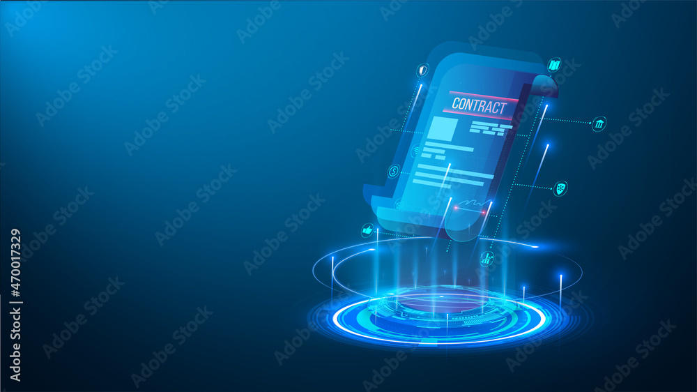 The concept of an electronic contract or digital signature. A hologram of an electric smart certificate, blockchain or contract. Template for the layout of a website or web page. Vector illustration - obrazy, fototapety, plakaty 