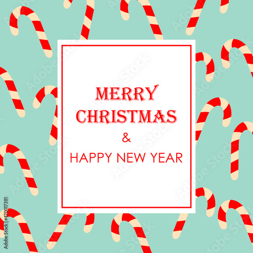 Xmas card template with text Merry Christmas and happy new year and candy cane pattern on blue background. Flat design vector illustration