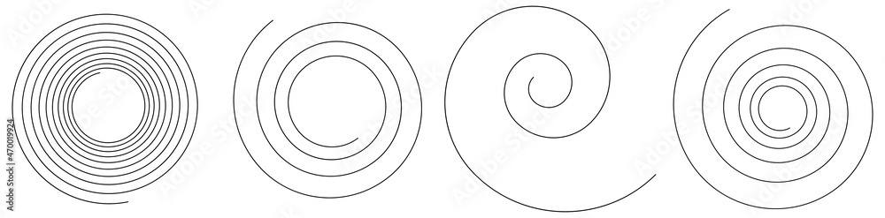 Spiral, swirl, twirl, volute design element with thin lines. Circular curved line element Spiral, swirl, twirl, volute design element with thin lines. Circular curved line element