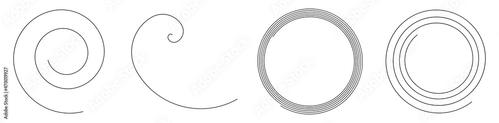 Spiral, swirl, twirl, volute design element with thin lines. Circular curved line element Spiral, swirl, twirl, volute design element with thin lines. Circular curved line element
