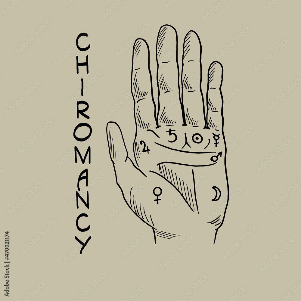 Fototapeta premium Vector illustration of open hand with sun tattoo, alchemy symbol. Geometric abstract graphic with occult and mystic sign. Linear logo and spiritual design Concept of magic, palm reading