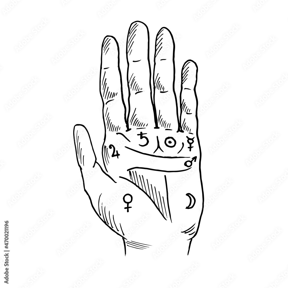 Fototapeta premium Vector illustration of open hand with sun tattoo, alchemy symbol. Geometric abstract graphic with occult and mystic sign. Linear logo and spiritual design Concept of magic, palm reading