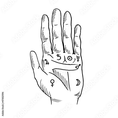 Vector illustration of open hand with sun tattoo, alchemy symbol. Geometric abstract graphic with occult and mystic sign. Linear logo and spiritual design Concept of magic, palm reading