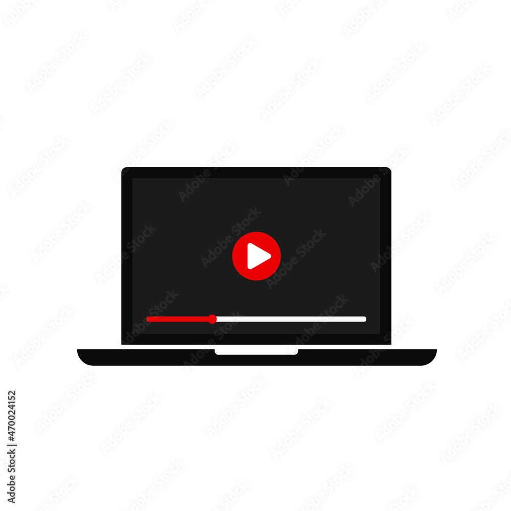 Laptop with video player icon on screen. Online video, watch movies, web courses concepts. Vector illustration Laptop with video player icon on screen. Online video, watch movies, web courses concepts. Vector illustration