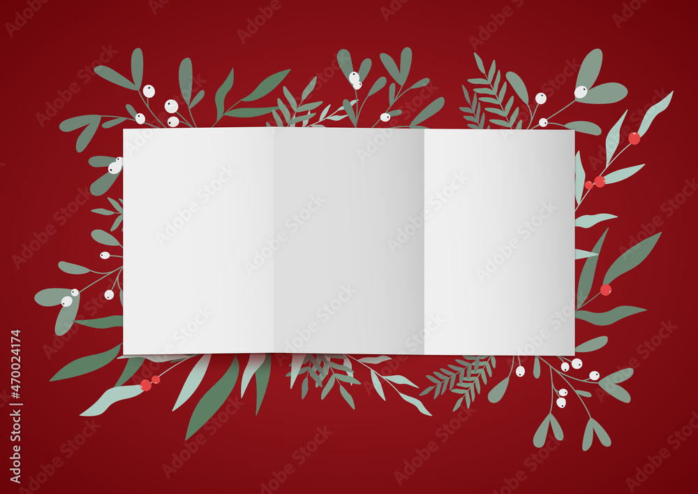 Świąteczna kompozycja zrobiona z kartki papieru, jemioły, zielonych gałązek i czerwonych jagód. List do Świętego Mikołaja albo kartka na Boże Narodzenie. Widok z góry - flat lay. - obrazy, fototapety, plakaty 