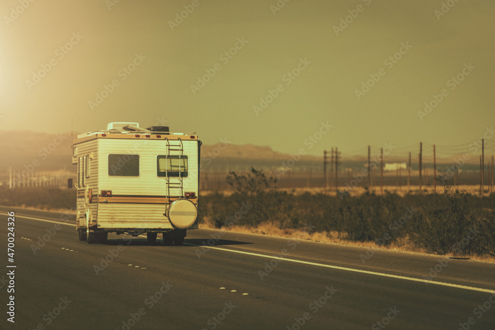 Vintage Aged Camper Van on a Highway