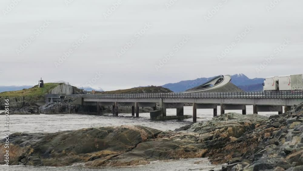 White Truck Crossing Bridge At Atlantic Ocean Road On A Misty Day, Norway. White Truck Crossing Bridge At Atlantic Ocean Road On A Misty Day, Norway.
