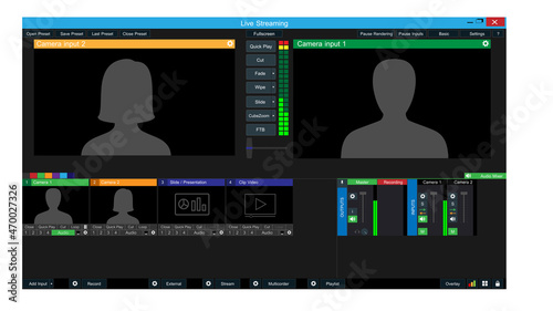 Multi Camera system for Live Streaming . Interface display Video Switcher. Conceptual multi camera Production.	