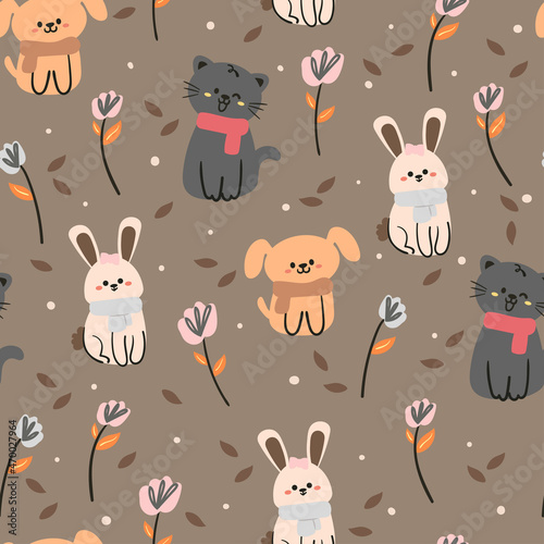 Seamless pattern with cute cartoon cat, bunny, puppy and plant. for fabric print and textile, kids wallpaper, gift wrapping paper