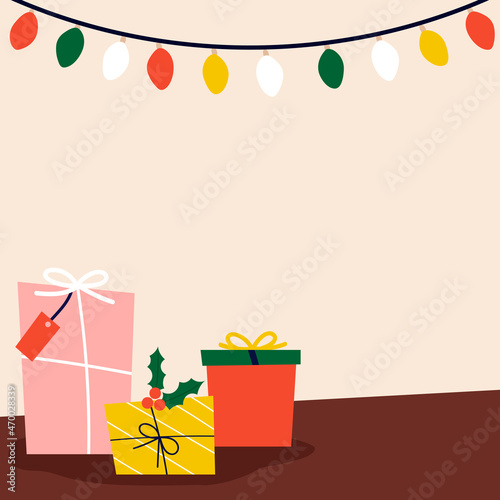 Traditional Christmas presents on the floor social ads template vector