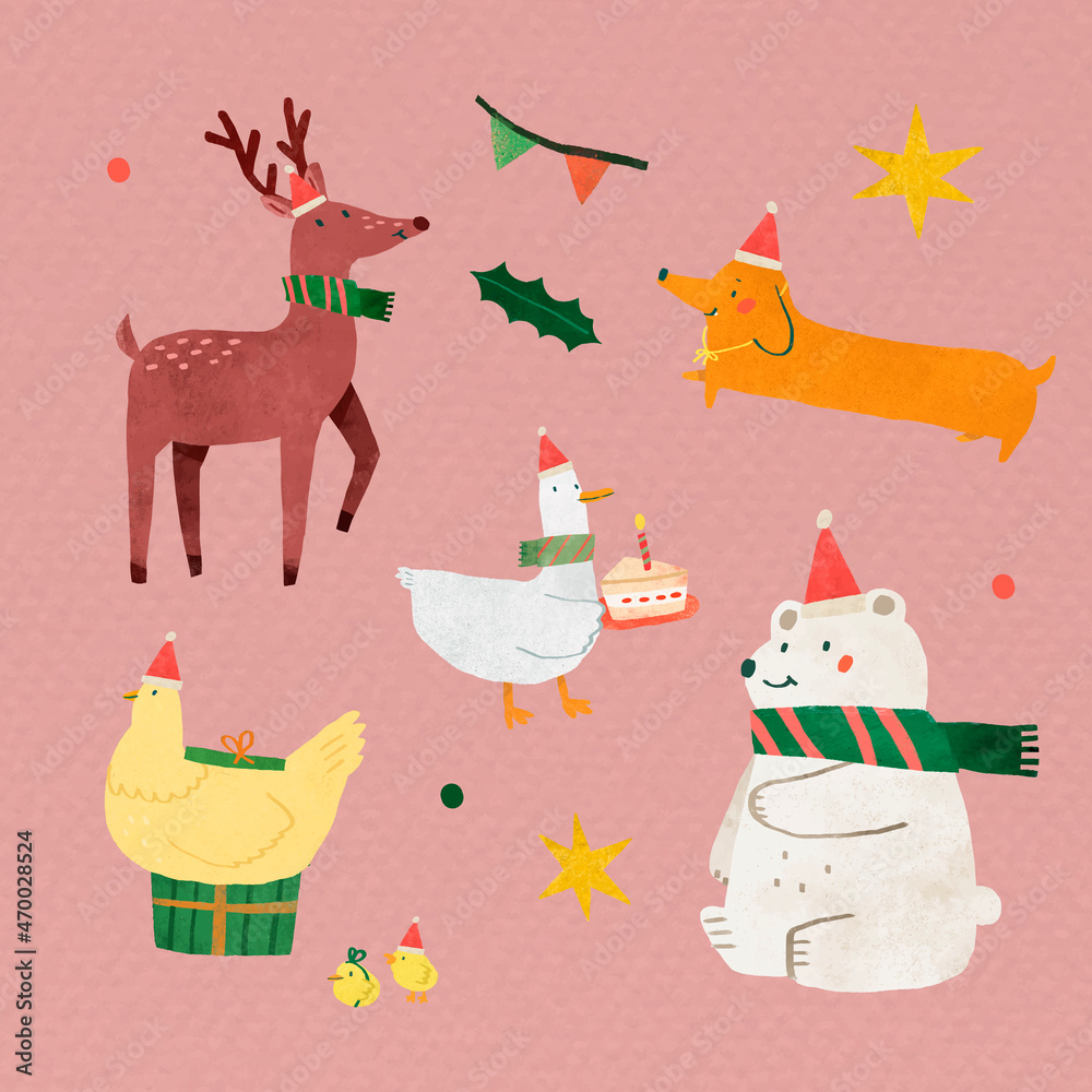 Fototapeta premium Cute Christmas animals element set vector