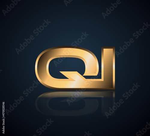 Modern Initial logo 2 letters Gold simple in Dark Background with Shadow Reflection QI