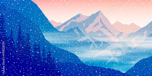 Dawn in the mountains, winter morning. Forest, peaks in the haze. Vector landscape.