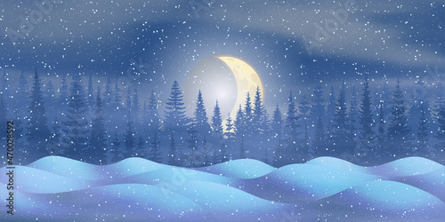 Fantasy on the theme of the winter landscape. Night, moon and forest. Snowdrifts, it is snowing. Vector illustration.
