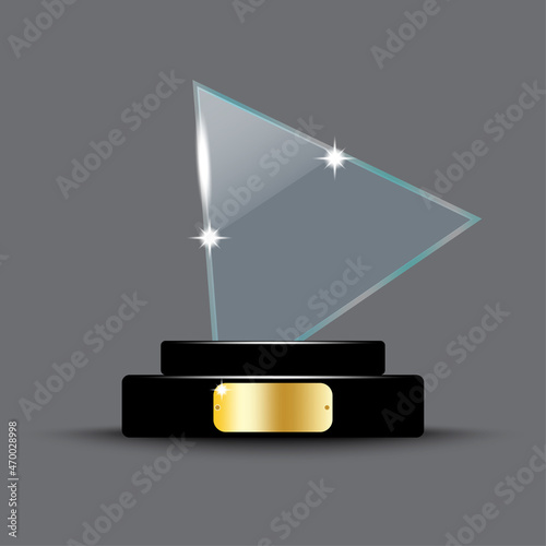 Trophy triangle. Shiny glass. Gray backdrop. Hand art. Winner concept. Abstract element. Vector illustration. Stock image.