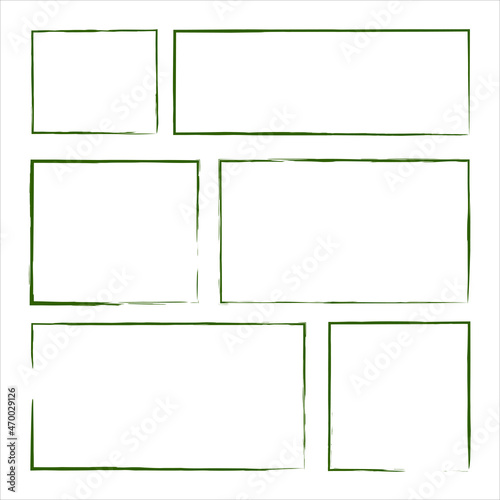 Green ink rectangle outline set. Abstract art design. Doodle style. Pen drawing. Vector illustration. Stock image. 