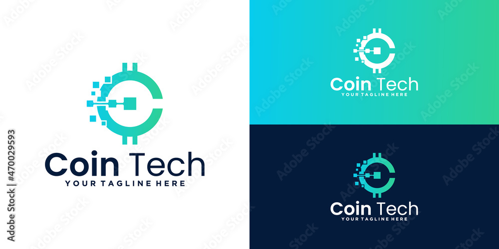 technology coin logo design, bitcoin digital logo design