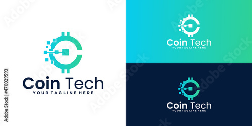 technology coin logo design, bitcoin digital logo design