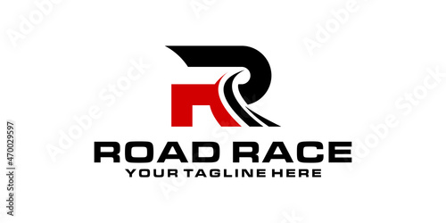 letter R logo design with road, racing, automotive