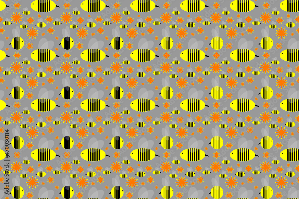 custom made wallpaper toronto digitalCute seamless wallpaper with yellow bees and orange flowers cartoon style on gray background for printing fashion fabrics and printed products.