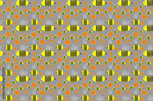 Wallpaper Mural Cute seamless wallpaper with yellow bees and orange flowers cartoon style on gray background for printing fashion fabrics and printed products. Torontodigital.ca
