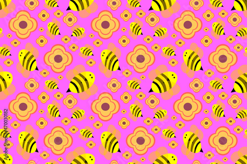 Seamless wallpaper with cute cartoon style, yellow bees flying among yellow flowers on a bright pink background, for cute fashion fabrics and printed products such as gift wrapping paper.