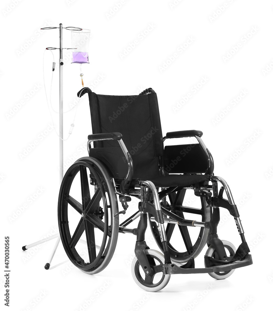 Empty wheelchair and stand for IV drip on white background