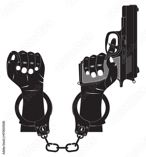 Hands in handcuffs. Silhouette.