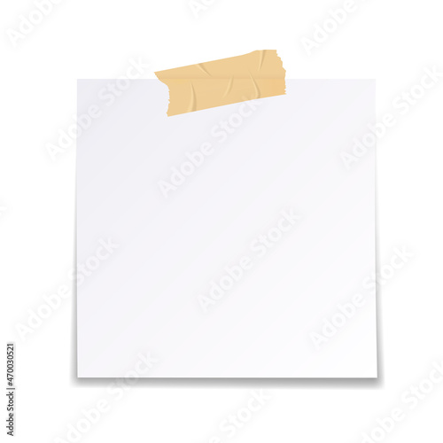 Vector illustration of blank sticky paper note with tape. Blank paper with adhesive tape on white background. Blank note with a clipping path.