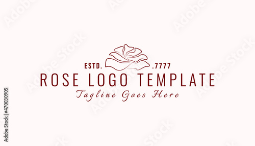 Rose logo inspiration. Aesthetic line art rose logo design for beauty care, skin care, spa, yoga, women fashion and beauty clinic treatment. Initial modern logo branding identity for feminine company.
