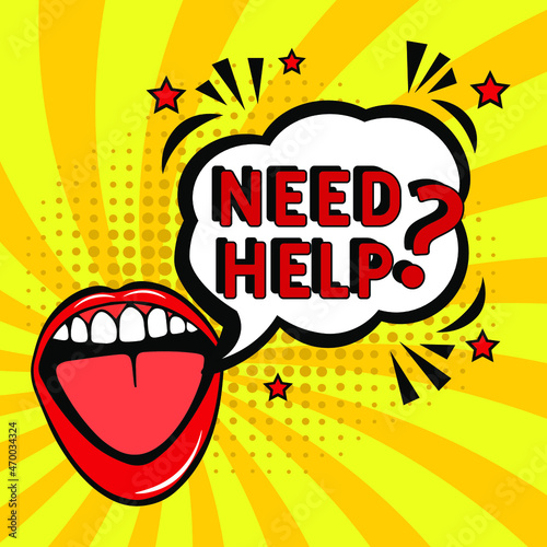 Need help? in comic pop art style. Need help? brainy game word. Comic book explosion with text Need help? Vector bright cartoon illustration in retro pop art style.