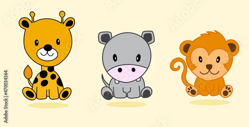 Set of animal character with giraffe hippo monkey cute illustrator