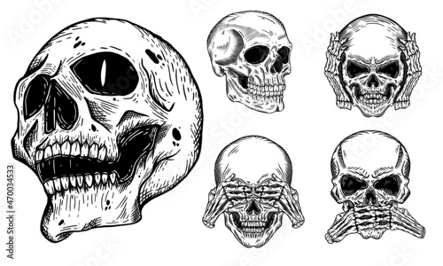 Dark illustration Skull Head Hand drawn Hatching Outline Style