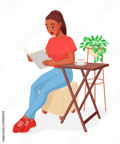 Young African American woman reading a book. Cartoon vector illustration isolated on white background.