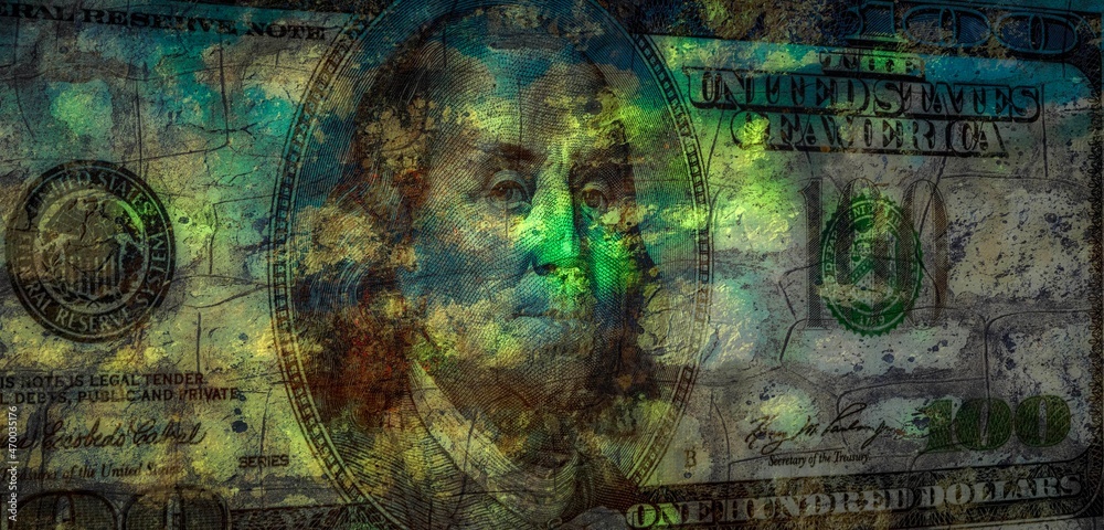 Fototapeta premium One hundred dollar bill with shabby old texture and green spots, collage.