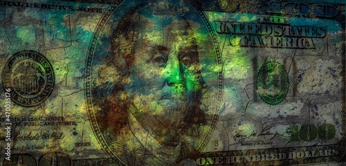 One hundred dollar bill with shabby old texture and green spots, collage. © elen31
