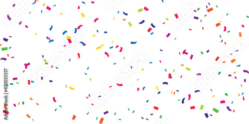 Celebration background template with confetti and colorful ribbons.