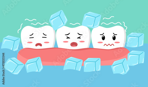 Sensitive teeth cartoon character with ice and cold water in flat design. Tooth sensitivity symptom concept. photo