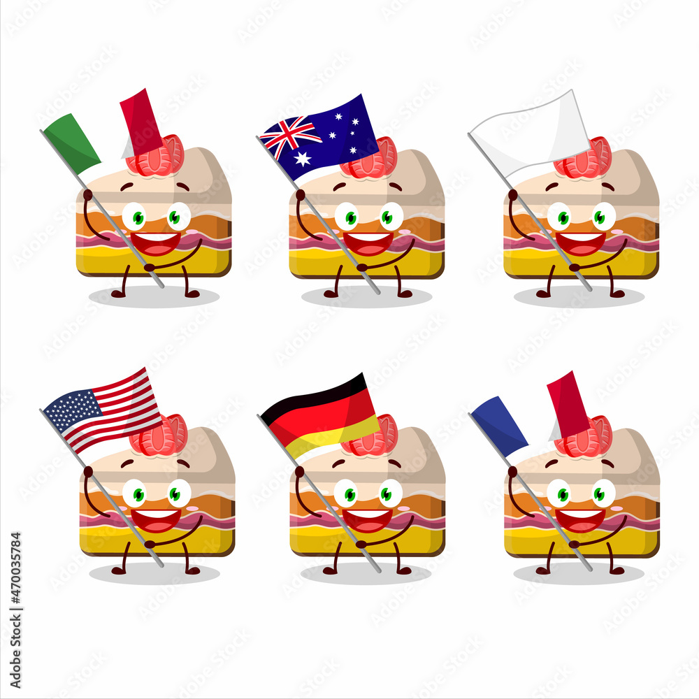Slice of strawberry pudding cake cartoon character bring the flags of various countries Slice of strawberry pudding cake cartoon character bring the flags of various countries