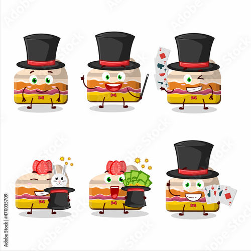 A slice of strawberry pudding cake Magician cartoon character perform on a stage