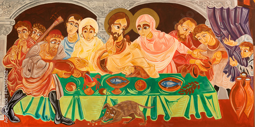 Bild auf Leinwand FORLÍ, ITALY - NOVEMBER 11, 2021: The detail of modern fresco of Mirracle of Vedding in Cana in the church Chiesa di San Giovanni Battista di Coriano by Franco Vignazia (1995 - 1997)