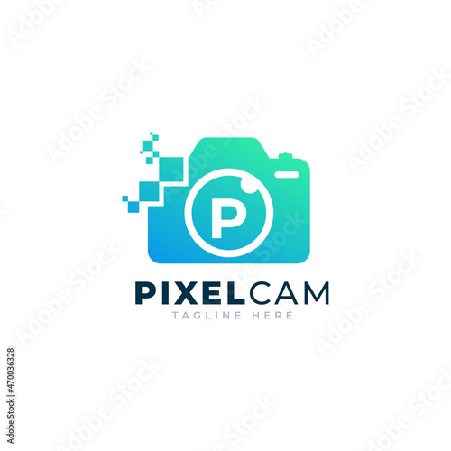 Letter P Inside Camera Photo Pixel Technology Logo Design Template