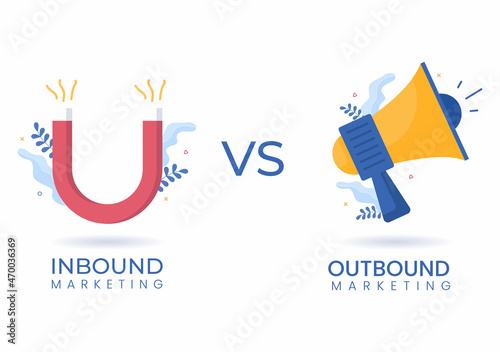Inbound and Outbound Marketing Business Vector Illustration with Magnet and Megaphone Design to Attract Customers Offline or Online for Web or Poster