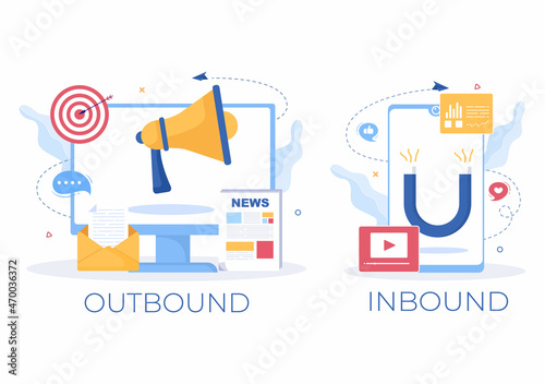 Inbound and Outbound Marketing Business Vector Illustration with Magnet and Megaphone Design to Attract Customers Offline or Online for Web or Poster