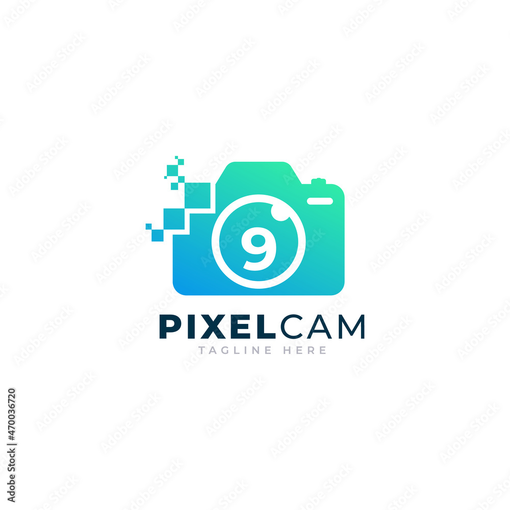 Number 9 Inside Camera Photo Pixel Technology Logo Design Template