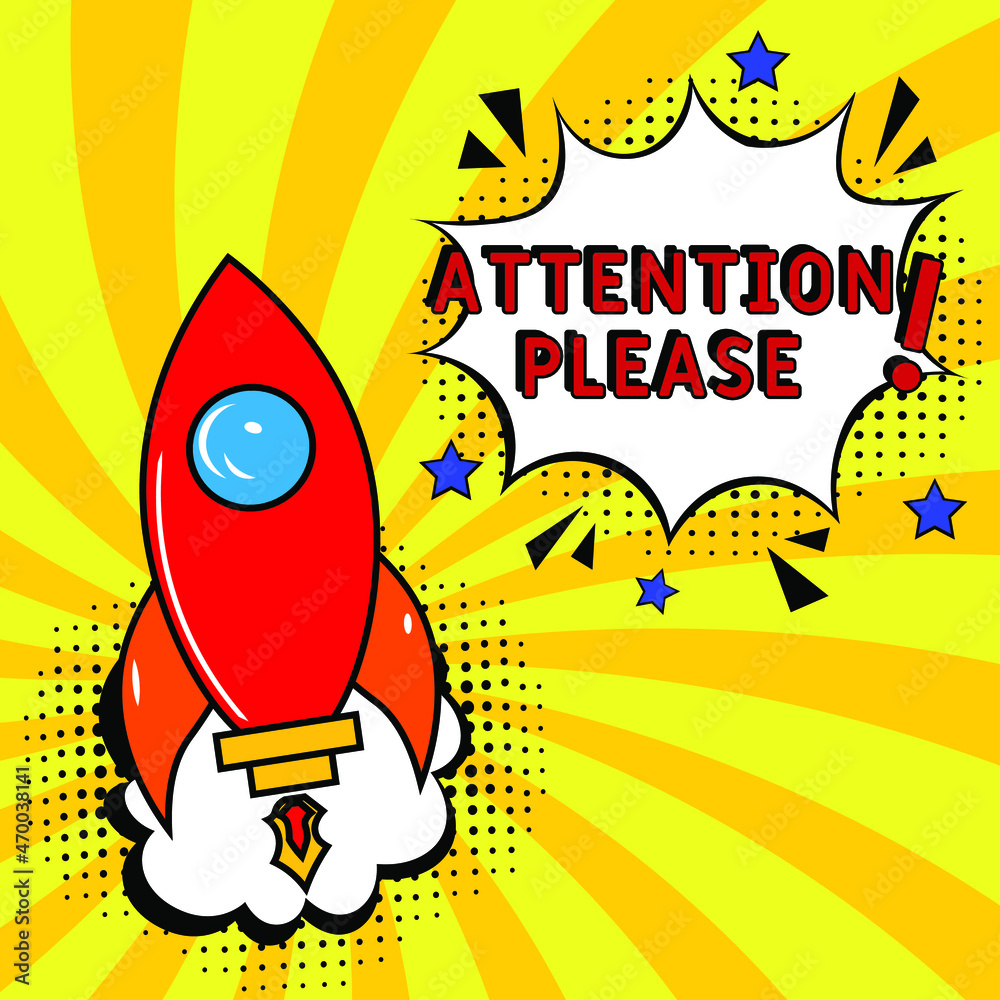 Fototapeta premium Attention please! in comic pop art style. Attention please! brainy game word. Comic book explosion with text Attention please! Vector bright cartoon illustration in retro pop art style. 