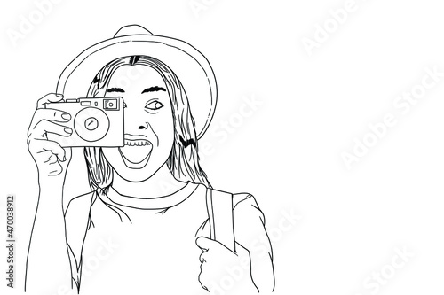 A woman holding a camera, early year holidays, capturing the moment. Images are suitable for use as graphic resources