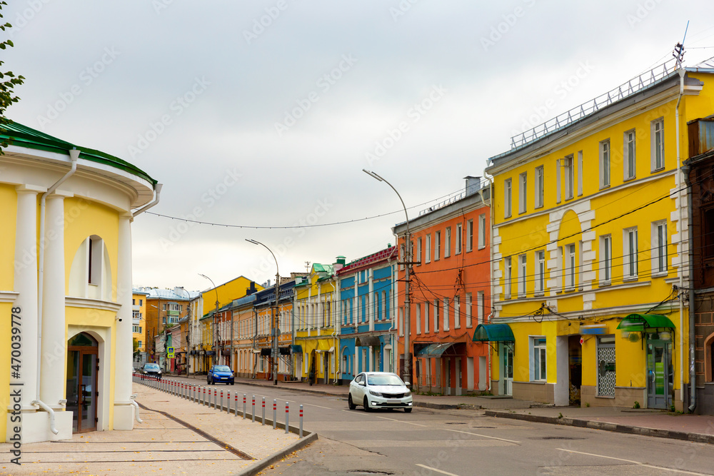 View of residential buildings and shops in central streets of Russian city Ryazan.