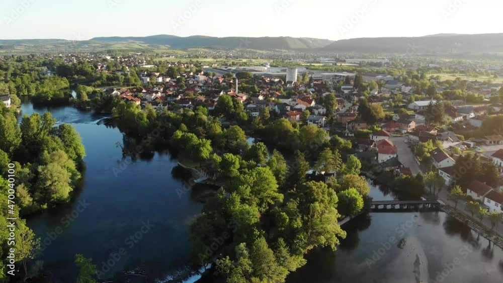 Drone shot of the Bosnian city of Bihac with its beautiful Una River Drone shot of the Bosnian city of Bihac with its beautiful Una River